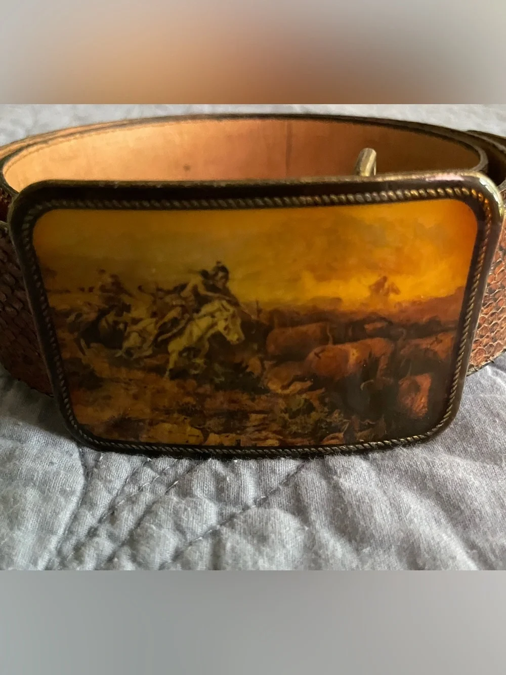 Masterwork Western Belt Buckle - Buffalo Hunt Scene & 36” Leather Belt